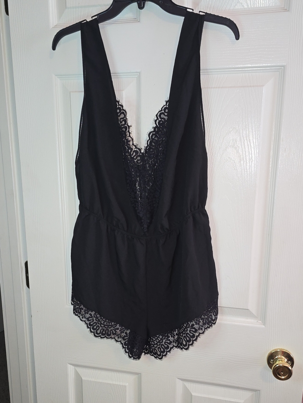 Black Lace-Trim Deep V Romper Chemise